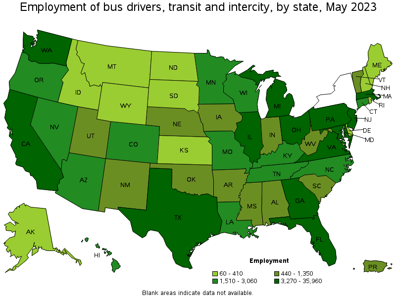 Map of employment of bus drivers, transit and intercity by state, May 2023
