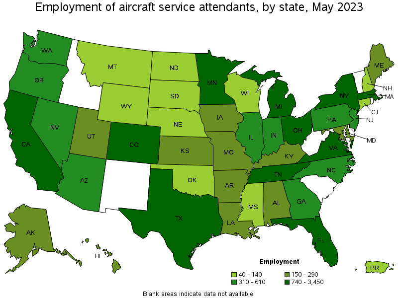 Map of employment of aircraft service attendants by state, May 2023