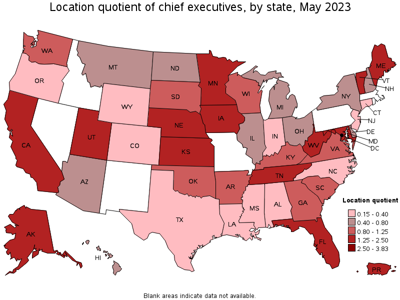 Map of location quotient of chief executives by state, May 2023