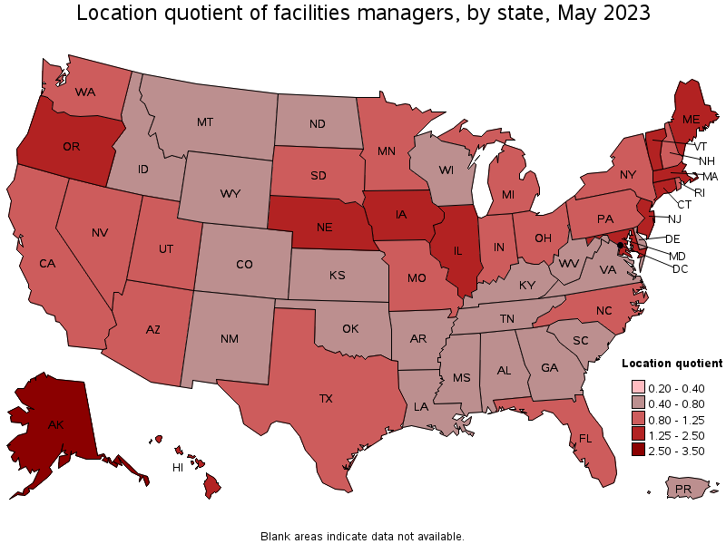 Map of location quotient of facilities managers by state, May 2023