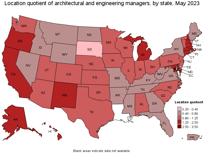 Map of location quotient of architectural and engineering managers by state, May 2023