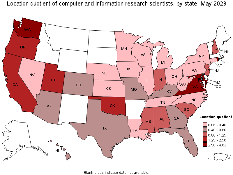 Map of location quotient of computer and information research scientists by state, May 2023