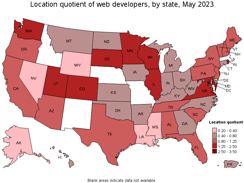 Map of location quotient of web developers by state, May 2023