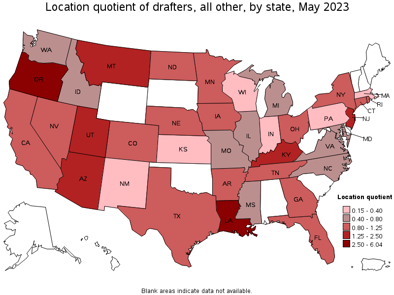 Map of location quotient of drafters, all other by state, May 2023