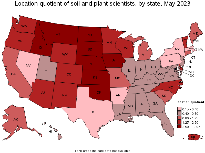 Map of location quotient of soil and plant scientists by state, May 2023