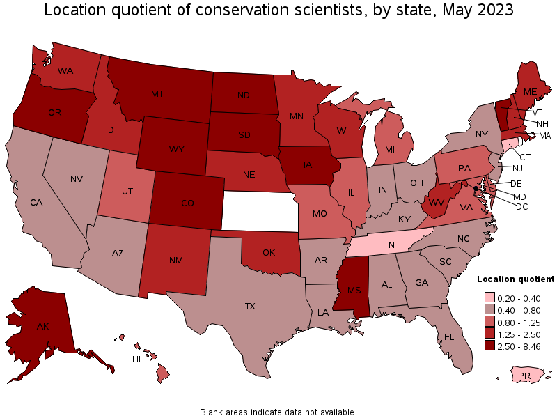 Map of location quotient of conservation scientists by state, May 2023