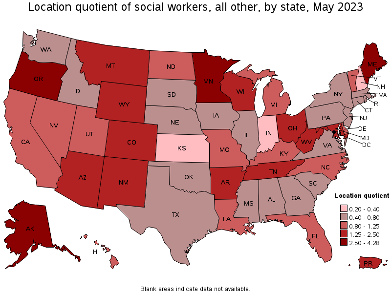 Map of location quotient of social workers, all other by state, May 2023