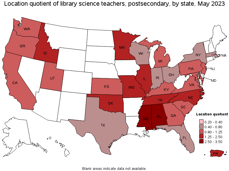 Map of location quotient of library science teachers, postsecondary by state, May 2023