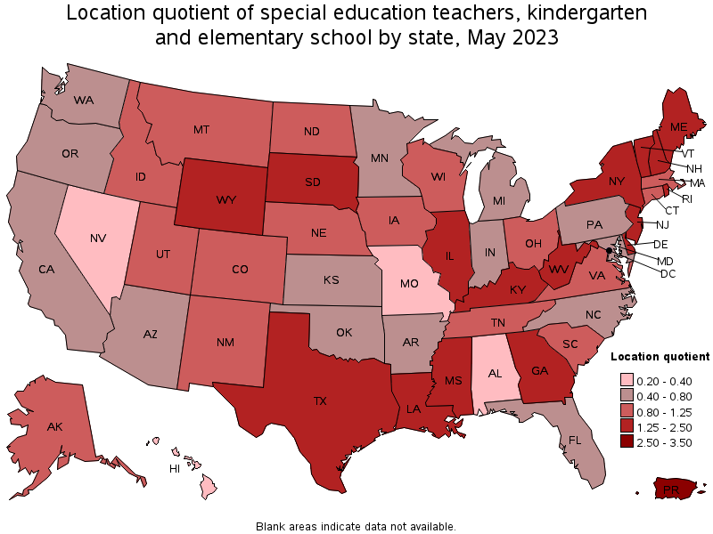 Map of location quotient of special education teachers, kindergarten and elementary school by state, May 2023