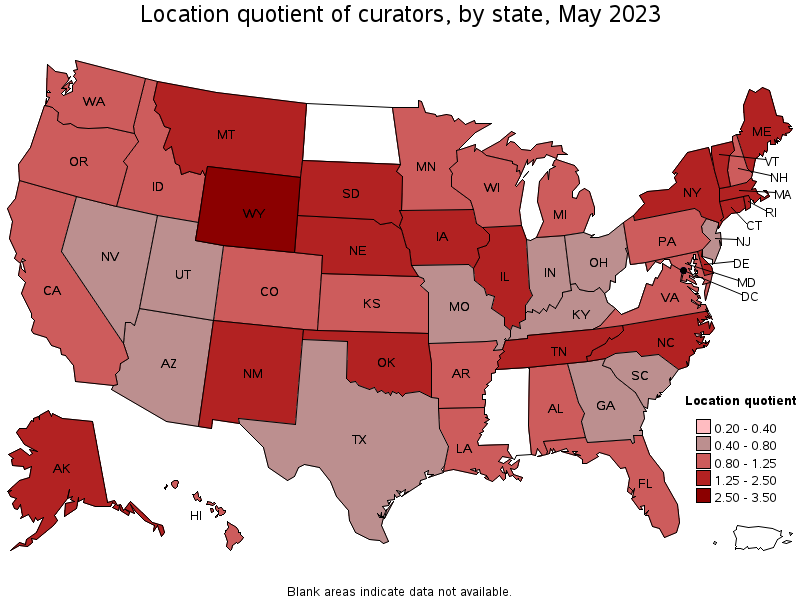 Map of location quotient of curators by state, May 2023