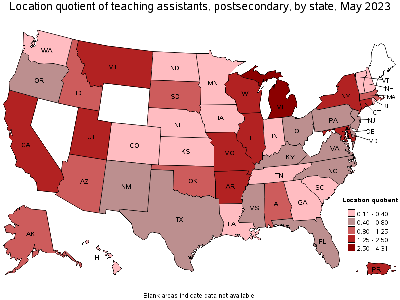Map of location quotient of teaching assistants, postsecondary by state, May 2023