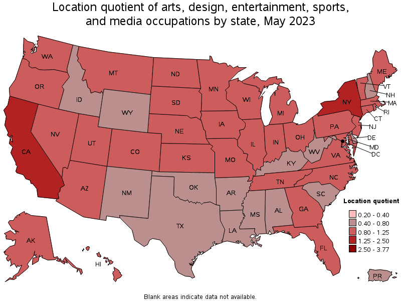 Map of location quotient of arts, design, entertainment, sports, and media occupations by state, May 2023