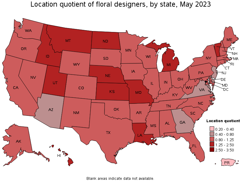 Map of location quotient of floral designers by state, May 2023
