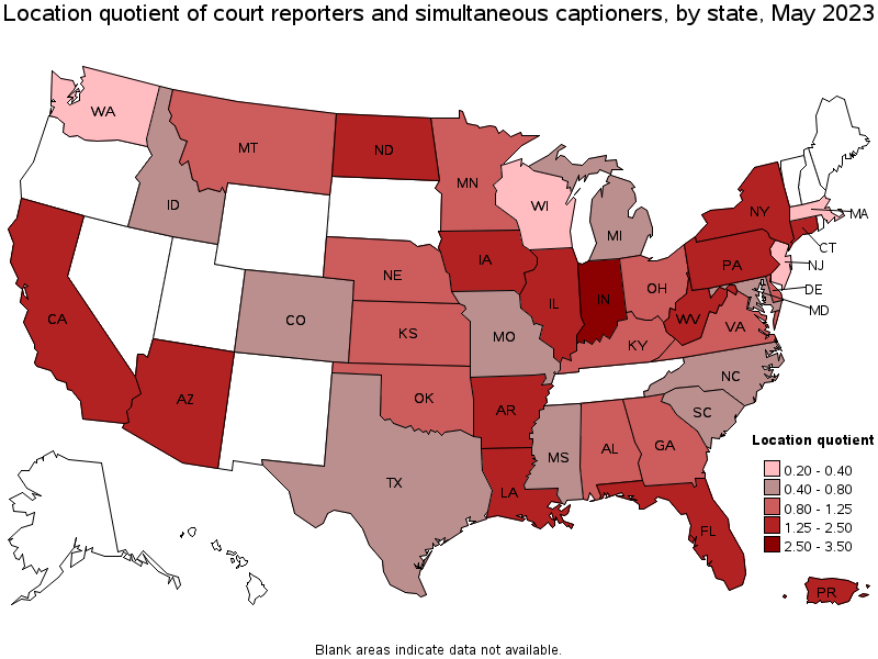Map of location quotient of court reporters and simultaneous captioners by state, May 2023