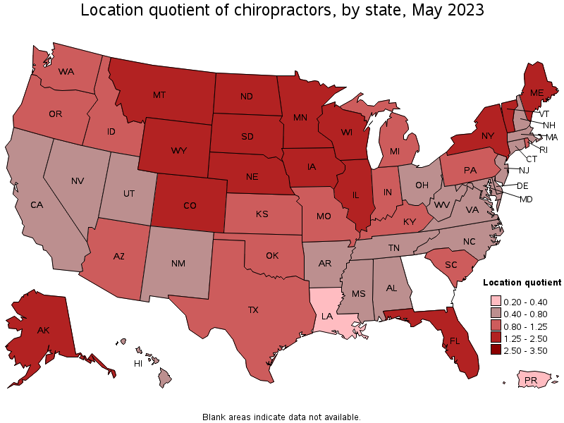 Map of location quotient of chiropractors by state, May 2023