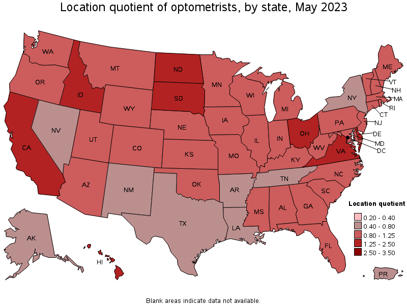 Map of location quotient of optometrists by state, May 2023