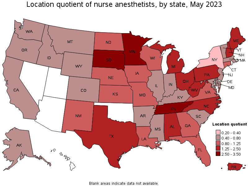 Map of location quotient of nurse anesthetists by state, May 2023