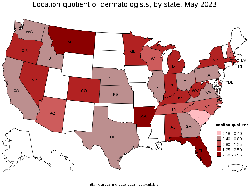 Map of location quotient of dermatologists by state, May 2023