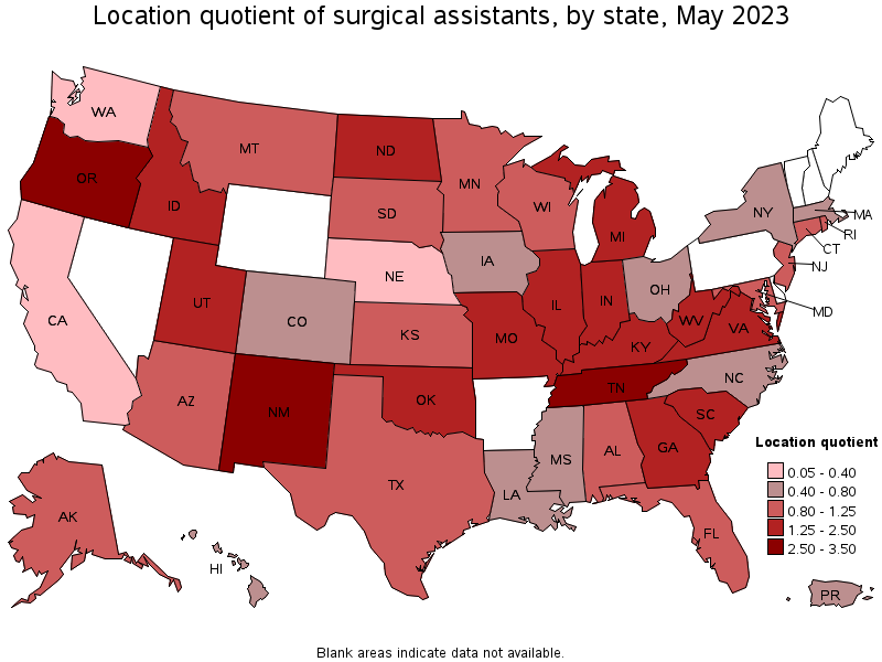 Map of location quotient of surgical assistants by state, May 2023