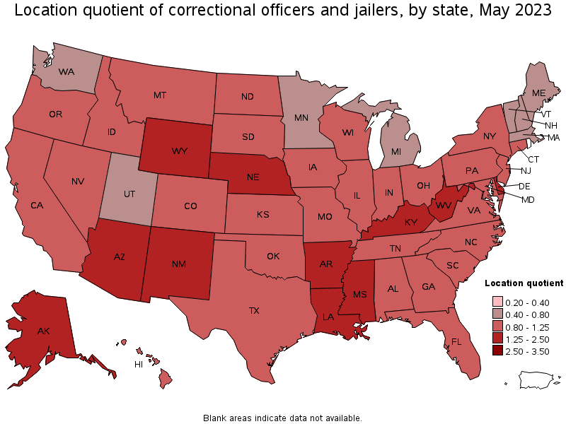 Map of location quotient of correctional officers and jailers by state, May 2023
