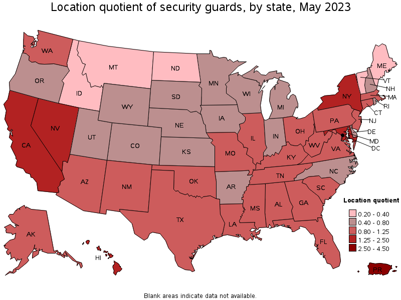 Map of location quotient of security guards by state, May 2023