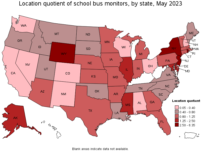 Map of location quotient of school bus monitors by state, May 2023