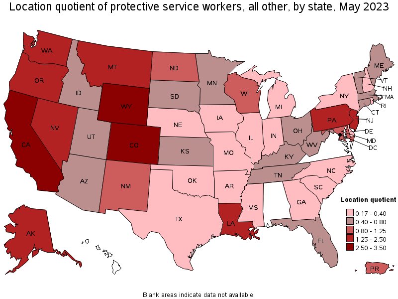 Map of location quotient of protective service workers, all other by state, May 2023