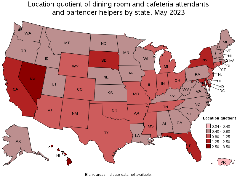 Map of location quotient of dining room and cafeteria attendants and bartender helpers by state, May 2023