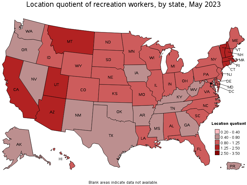 Map of location quotient of recreation workers by state, May 2023
