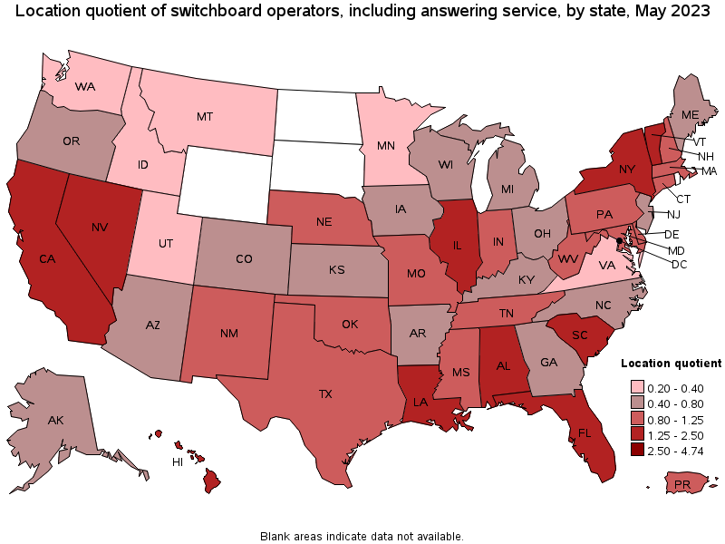 Map of location quotient of switchboard operators, including answering service by state, May 2023