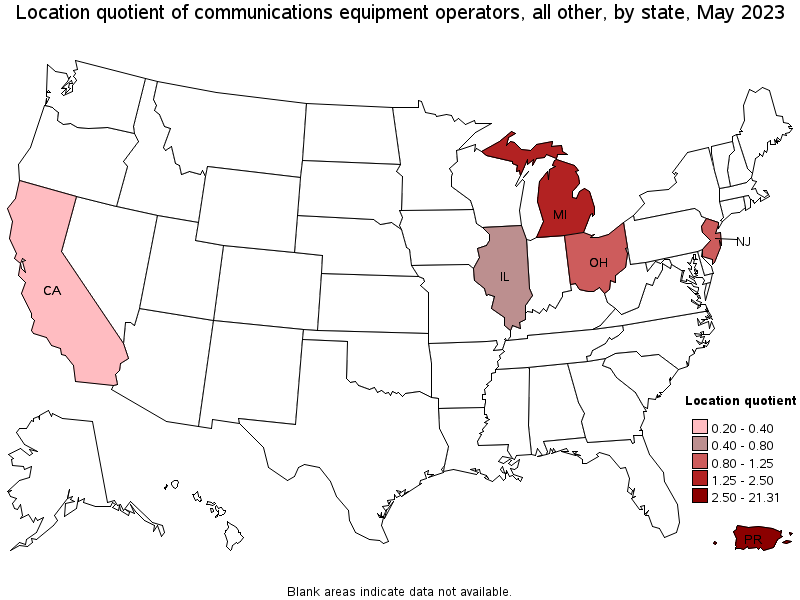 Map of location quotient of communications equipment operators, all other by state, May 2023