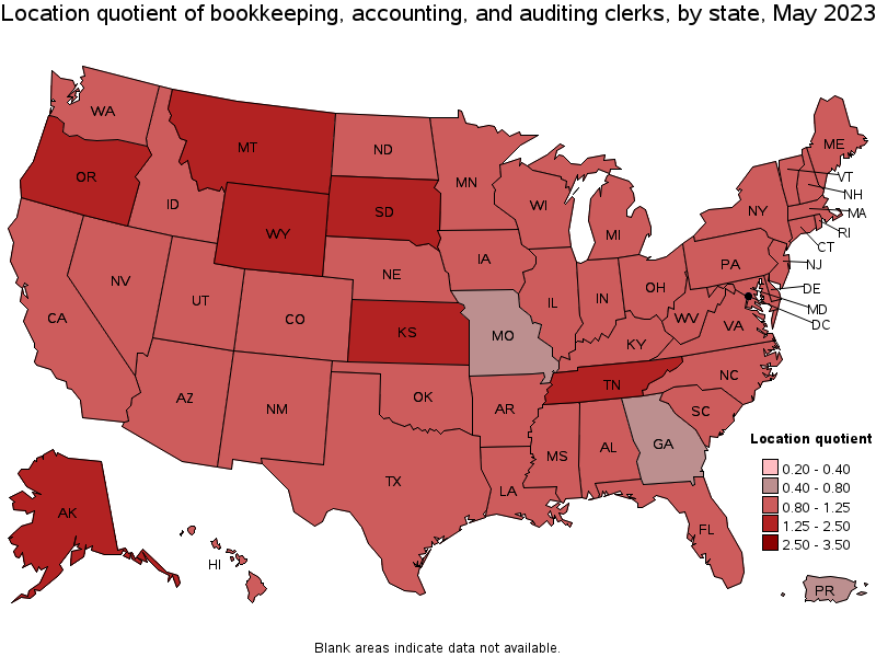 Map of location quotient of bookkeeping, accounting, and auditing clerks by state, May 2023