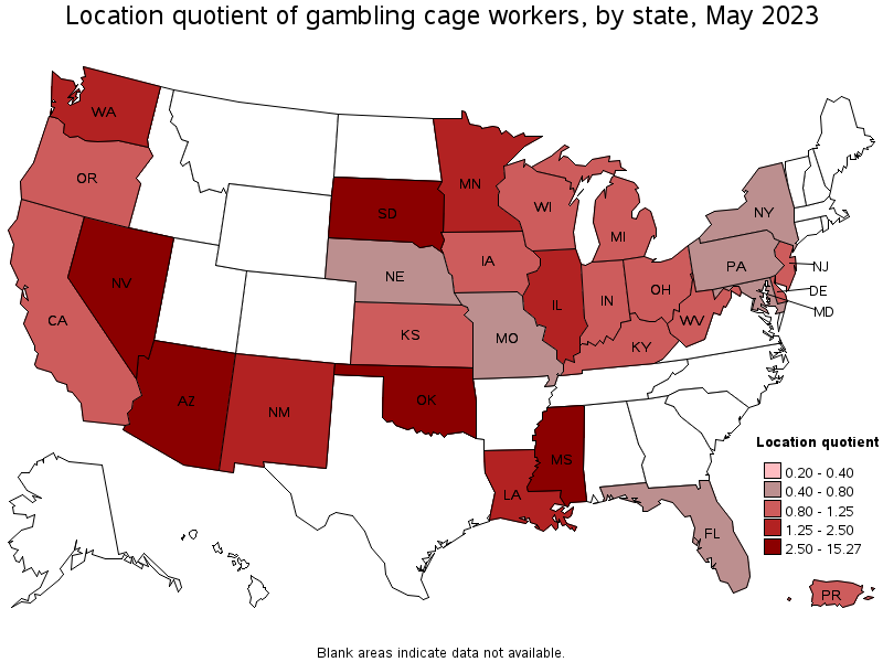 Map of location quotient of gambling cage workers by state, May 2023
