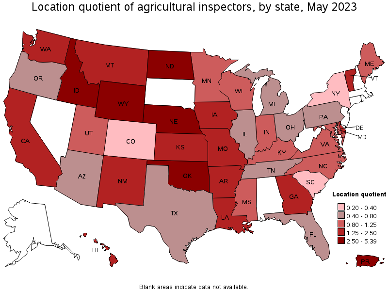 Map of location quotient of agricultural inspectors by state, May 2023