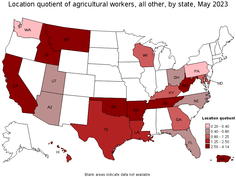 Map of location quotient of agricultural workers, all other by state, May 2023