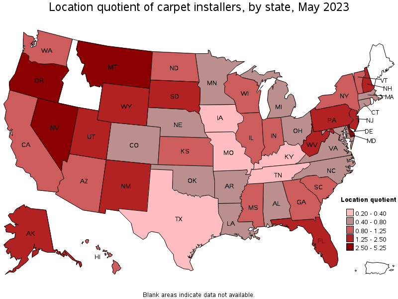 Map of location quotient of carpet installers by state, May 2023