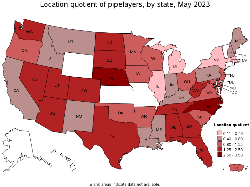 Map of location quotient of pipelayers by state, May 2023