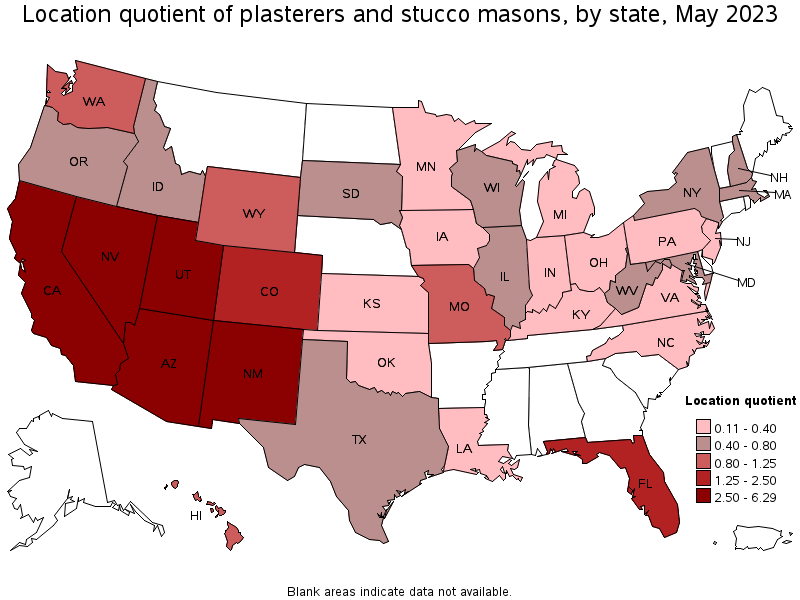 Map of location quotient of plasterers and stucco masons by state, May 2023