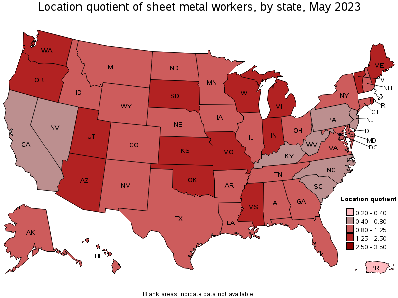 Map of location quotient of sheet metal workers by state, May 2023