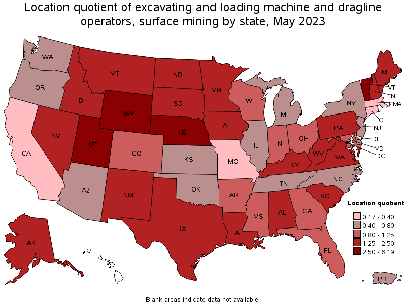 Map of location quotient of excavating and loading machine and dragline operators, surface mining by state, May 2023