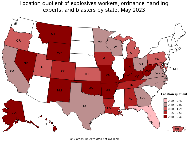 Map of location quotient of explosives workers, ordnance handling experts, and blasters by state, May 2023