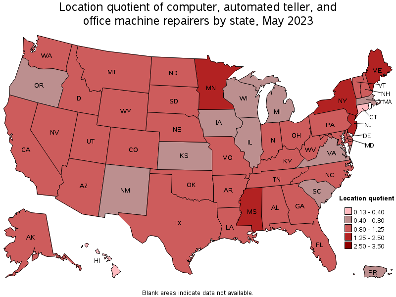 Map of location quotient of computer, automated teller, and office machine repairers by state, May 2023