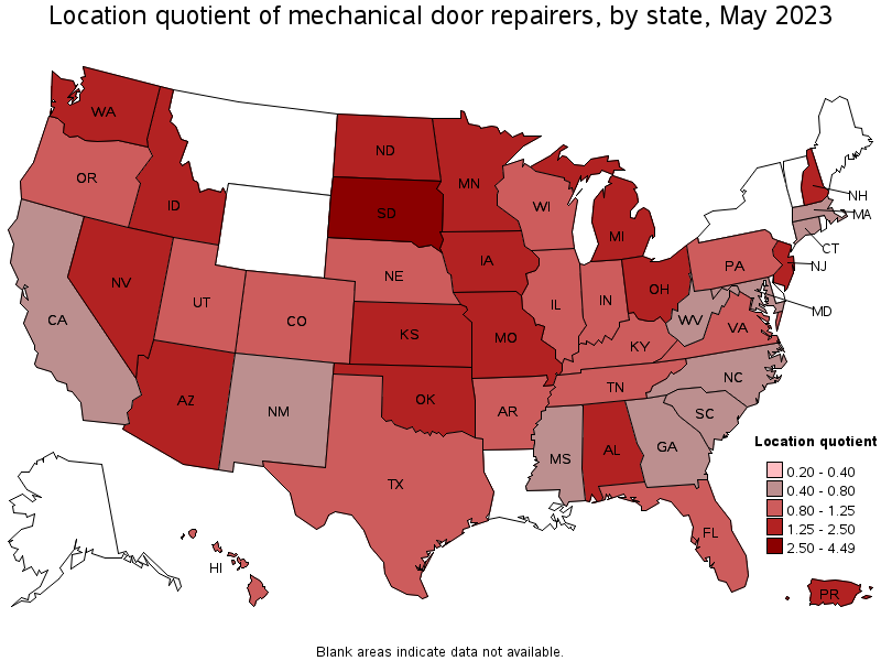 Map of location quotient of mechanical door repairers by state, May 2023