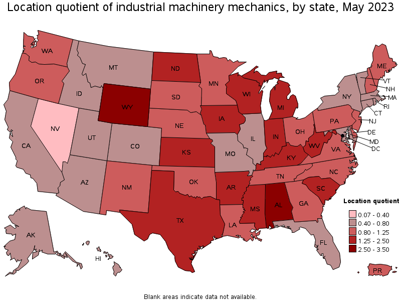 Map of location quotient of industrial machinery mechanics by state, May 2023