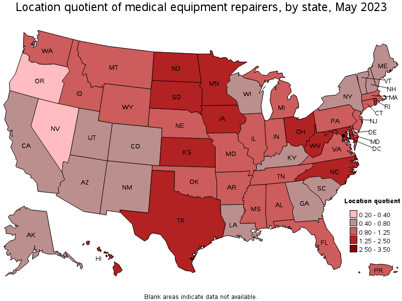Map of location quotient of medical equipment repairers by state, May 2023