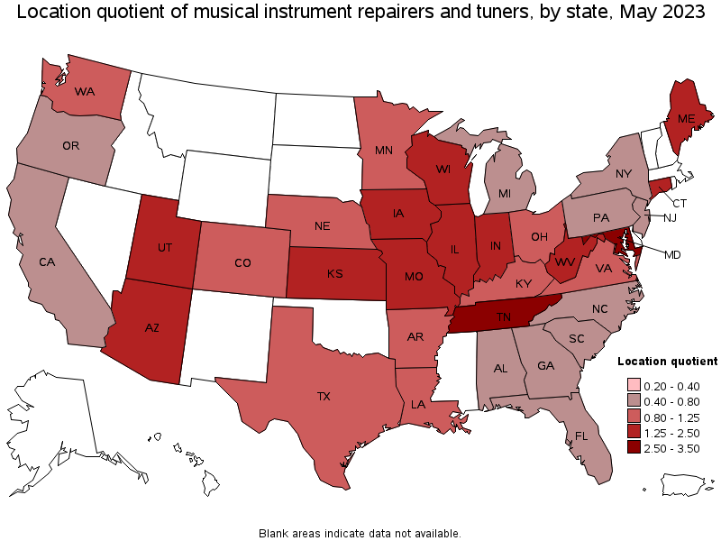 Map of location quotient of musical instrument repairers and tuners by state, May 2023