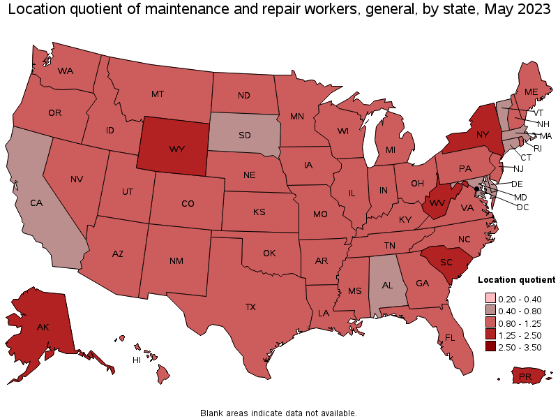 Map of location quotient of maintenance and repair workers, general by state, May 2023