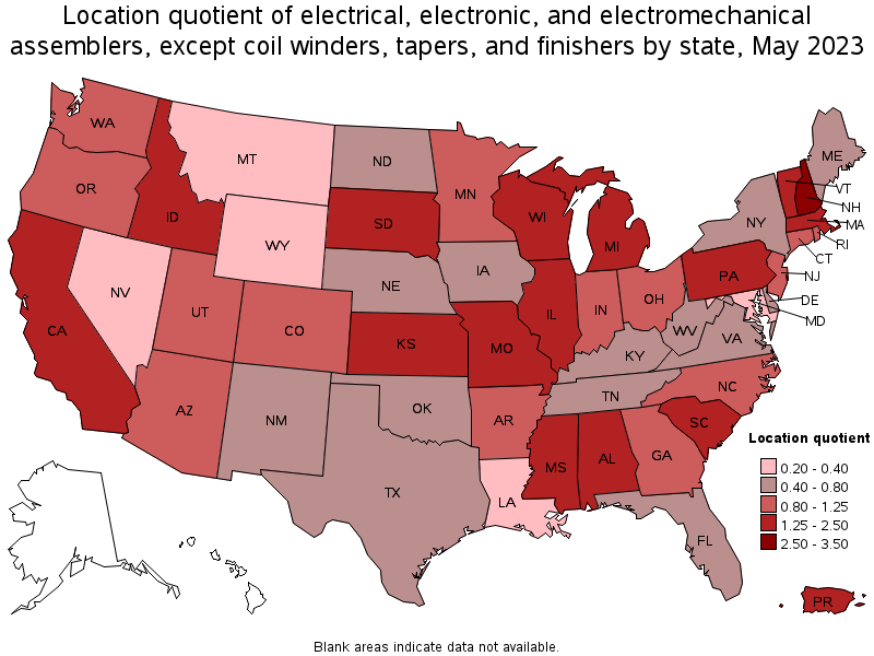 Map of location quotient of electrical, electronic, and electromechanical assemblers, except coil winders, tapers, and finishers by state, May 2023