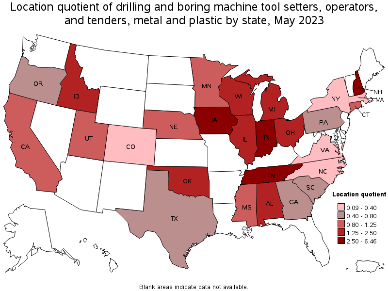 Map of location quotient of drilling and boring machine tool setters, operators, and tenders, metal and plastic by state, May 2023