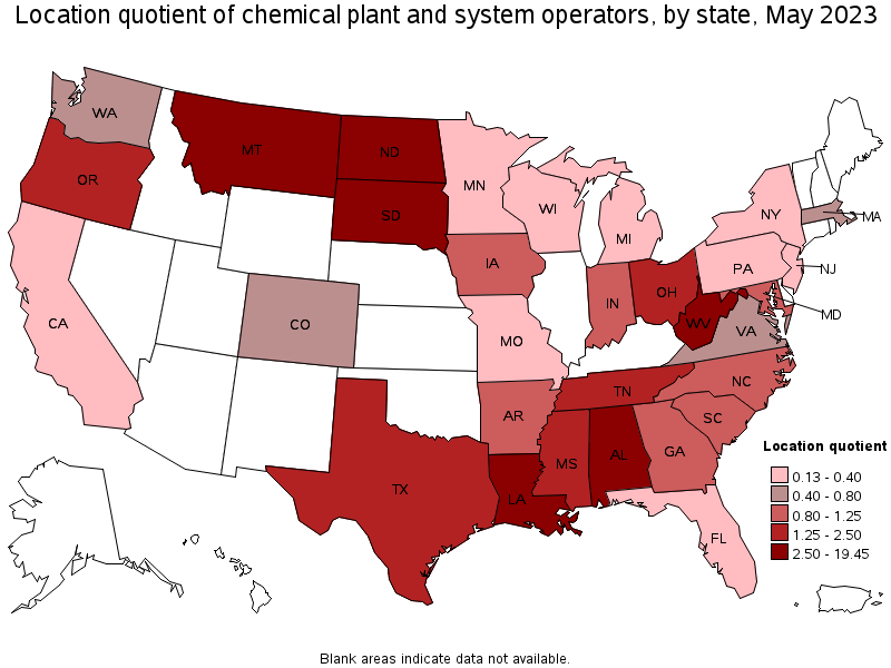 Map of location quotient of chemical plant and system operators by state, May 2023